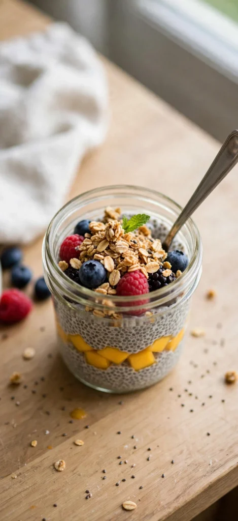 Mango Chia Parfait with Berries and Granola in a glass jar